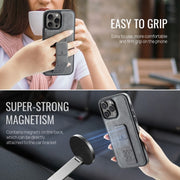 For iPhone 16 Pro Fierre Shann Oil Wax Cow Leather Holder Back Phone Case(Grey)