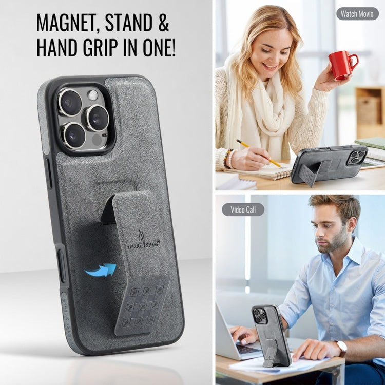 For iPhone 16 Pro Fierre Shann Oil Wax Cow Leather Holder Back Phone Case(Grey)