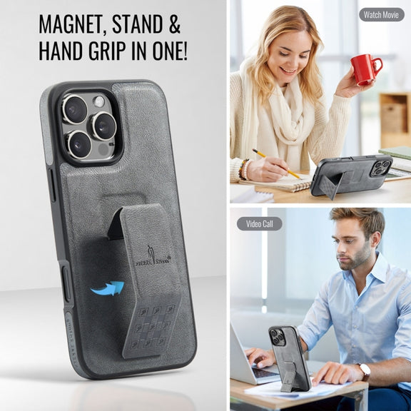 For iPhone 16 Pro Fierre Shann Oil Wax Cow Leather Holder Back Phone Case(Grey)