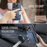 For iPhone 16 Pro Fierre Shann Oil Wax Cow Leather Holder Back Phone Case(Blue)