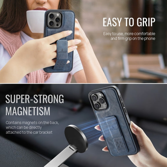 For iPhone 16 Pro Fierre Shann Oil Wax Cow Leather Holder Back Phone Case(Blue)