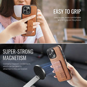 For iPhone 16 Pro Fierre Shann Oil Wax Cow Leather Holder Back Phone Case(Brown)