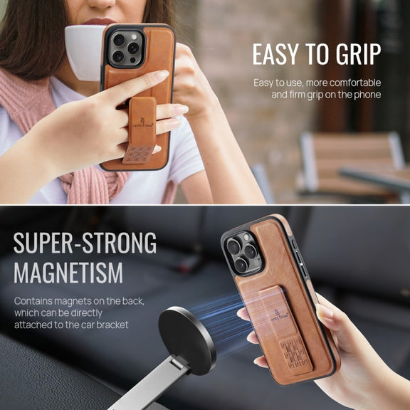 For iPhone 16 Pro Fierre Shann Oil Wax Cow Leather Holder Back Phone Case(Brown)