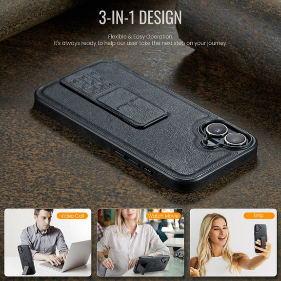 For iPhone 16 Plus Fierre Shann Oil Wax Cow Leather Holder Back Phone Case(Black)