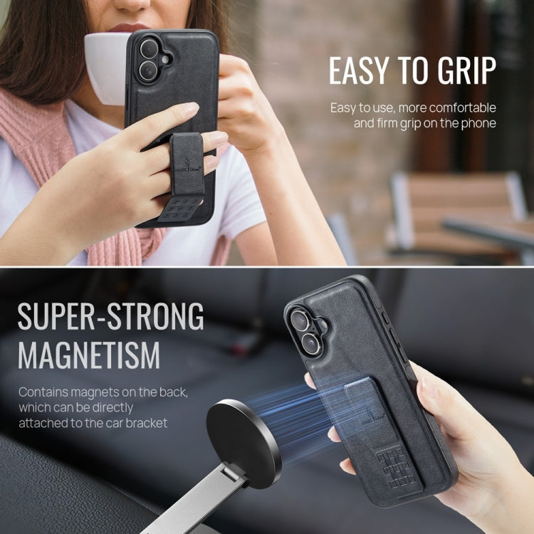 For iPhone 16 Plus Fierre Shann Oil Wax Cow Leather Holder Back Phone Case(Black)