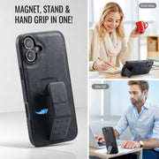 For iPhone 16 Plus Fierre Shann Oil Wax Cow Leather Holder Back Phone Case(Black)