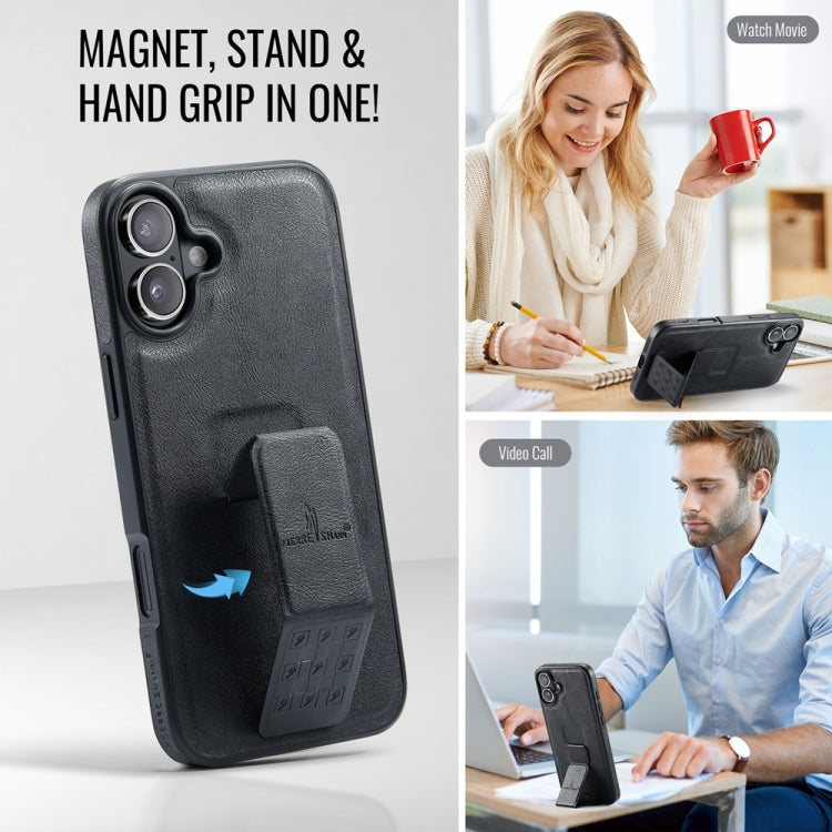 For iPhone 16 Plus Fierre Shann Oil Wax Cow Leather Holder Back Phone Case(Black)