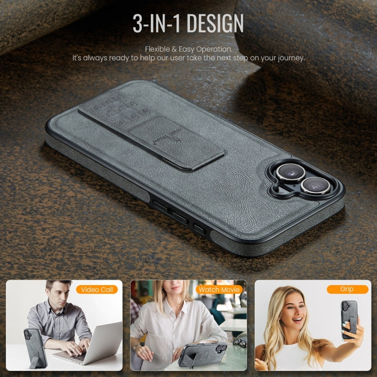 For iPhone 16 Plus Fierre Shann Oil Wax Cow Leather Holder Back Phone Case(Grey)