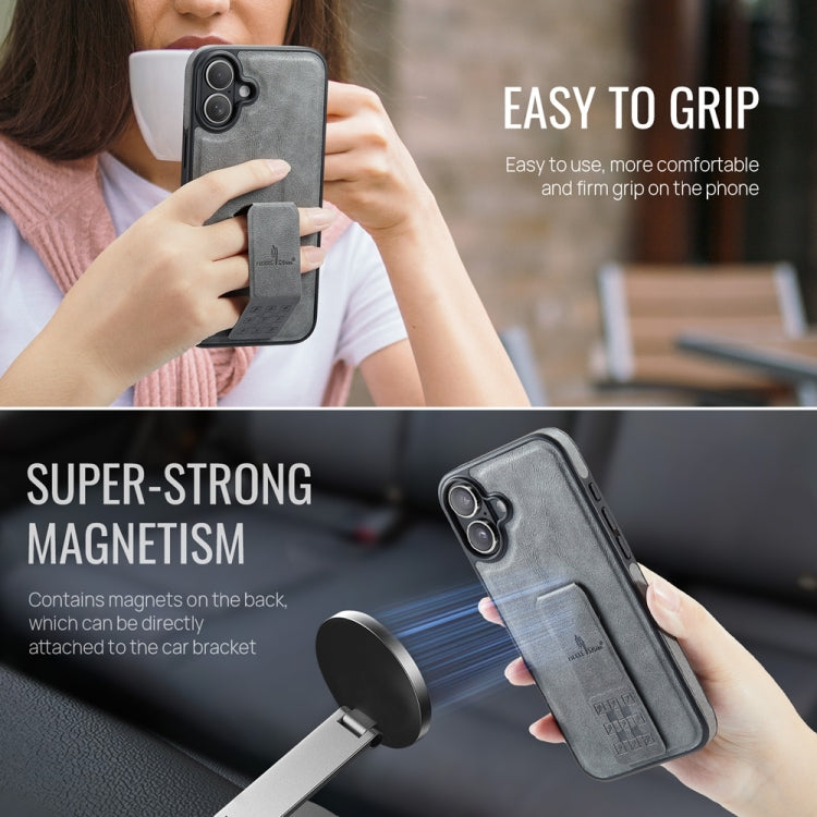 For iPhone 16 Plus Fierre Shann Oil Wax Cow Leather Holder Back Phone Case(Grey)