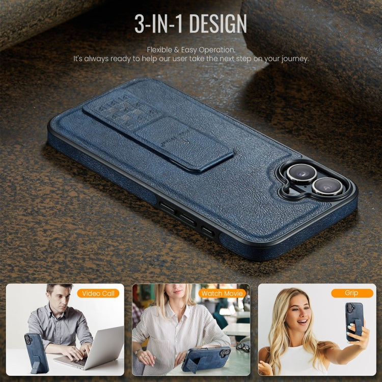 For iPhone 16 Plus Fierre Shann Oil Wax Cow Leather Holder Back Phone Case(Blue)