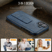 For iPhone 16 Plus Fierre Shann Oil Wax Cow Leather Holder Back Phone Case(Blue)