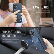 For iPhone 16 Plus Fierre Shann Oil Wax Cow Leather Holder Back Phone Case(Blue)