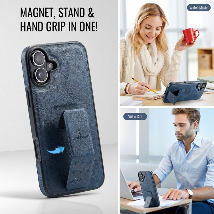 For iPhone 16 Plus Fierre Shann Oil Wax Cow Leather Holder Back Phone Case(Blue)