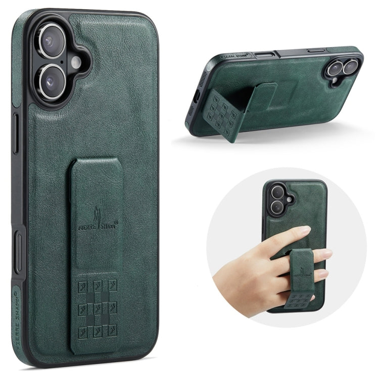 For iPhone 16 Plus Fierre Shann Oil Wax Cow Leather Holder Back Phone Case(Green)
