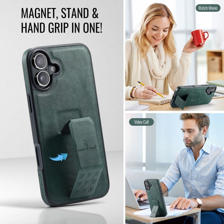 For iPhone 16 Plus Fierre Shann Oil Wax Cow Leather Holder Back Phone Case(Green)
