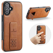 For iPhone 16 Plus Fierre Shann Oil Wax Cow Leather Holder Back Phone Case(Brown)