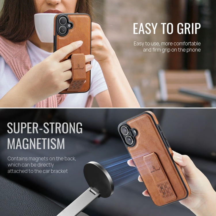For iPhone 16 Plus Fierre Shann Oil Wax Cow Leather Holder Back Phone Case(Brown)
