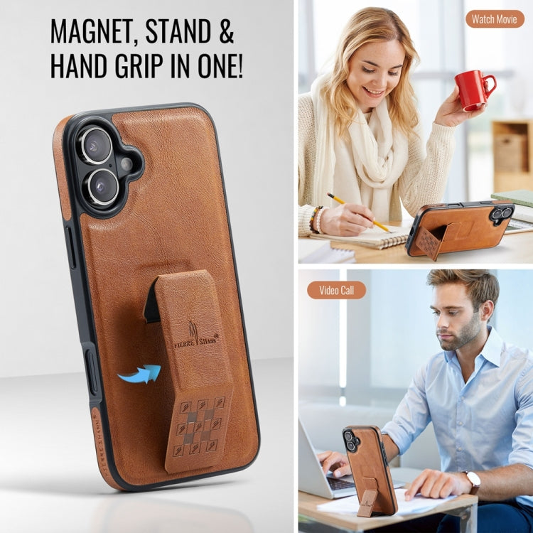 For iPhone 16 Plus Fierre Shann Oil Wax Cow Leather Holder Back Phone Case(Brown)