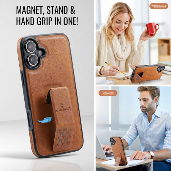 For iPhone 16 Plus Fierre Shann Oil Wax Cow Leather Holder Back Phone Case(Brown)