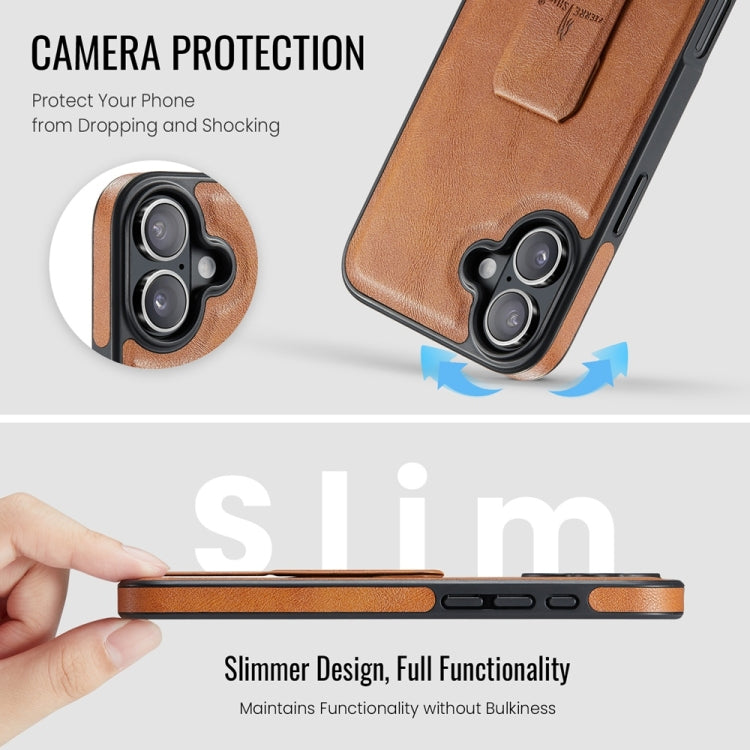 For iPhone 16 Plus Fierre Shann Oil Wax Cow Leather Holder Back Phone Case(Brown)