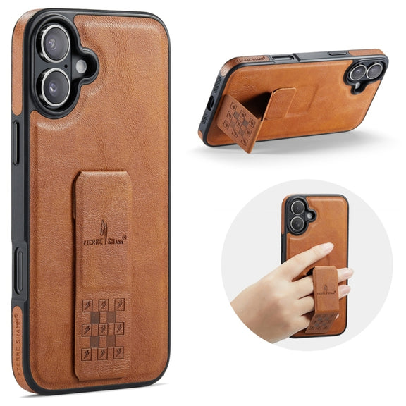 For iPhone 16 Plus Fierre Shann Oil Wax Cow Leather Holder Back Phone Case(Brown)