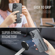For iPhone 16 Fierre Shann Oil Wax Cow Leather Holder Back Phone Case(Grey)