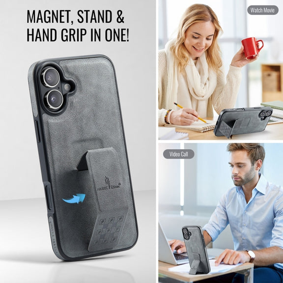 For iPhone 16 Fierre Shann Oil Wax Cow Leather Holder Back Phone Case(Grey)