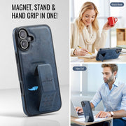For iPhone 16 Fierre Shann Oil Wax Cow Leather Holder Back Phone Case(Blue)