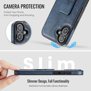 For iPhone 16 Fierre Shann Oil Wax Cow Leather Holder Back Phone Case(Blue)