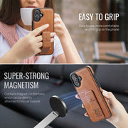 For iPhone 16 Fierre Shann Oil Wax Cow Leather Holder Back Phone Case(Brown)