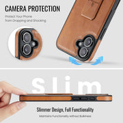 For iPhone 16 Fierre Shann Oil Wax Cow Leather Holder Back Phone Case(Brown)