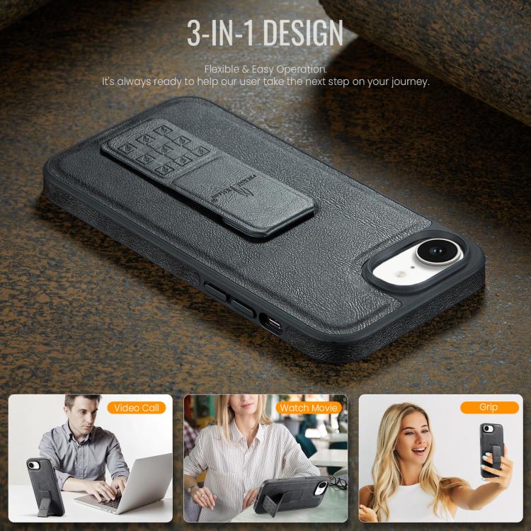 For iPhone 16e Fierre Shann Oil Wax Cow Leather Holder Back Phone Case(Black)