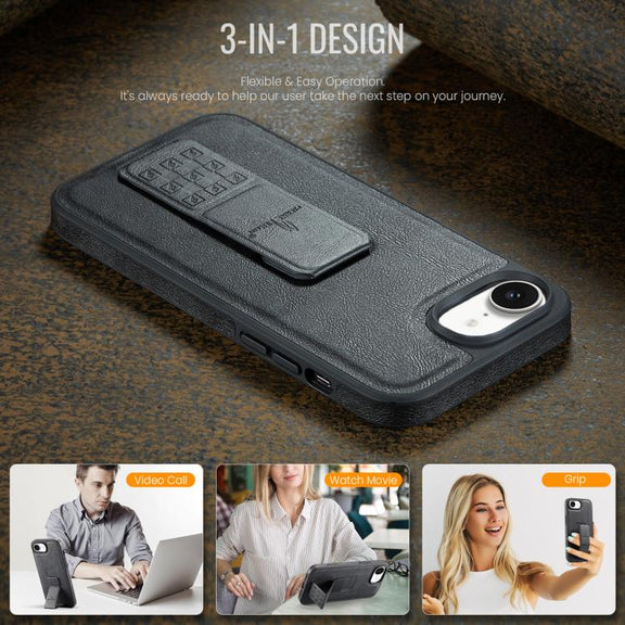 For iPhone 16e Fierre Shann Oil Wax Cow Leather Holder Back Phone Case(Black)