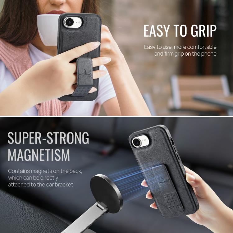 For iPhone 16e Fierre Shann Oil Wax Cow Leather Holder Back Phone Case(Black)