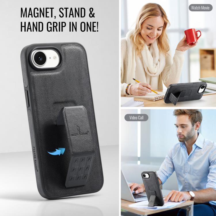 For iPhone 16e Fierre Shann Oil Wax Cow Leather Holder Back Phone Case(Black)