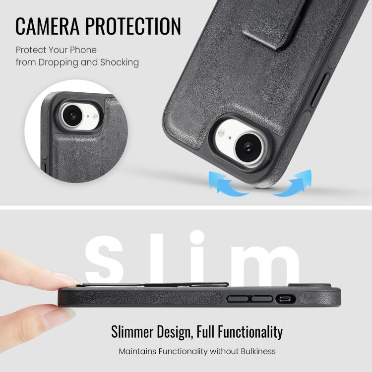 For iPhone 16e Fierre Shann Oil Wax Cow Leather Holder Back Phone Case(Black)
