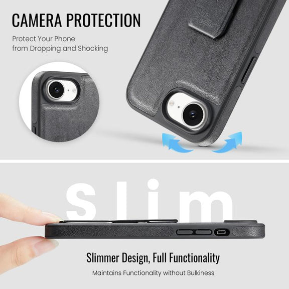 For iPhone 16e Fierre Shann Oil Wax Cow Leather Holder Back Phone Case(Black)
