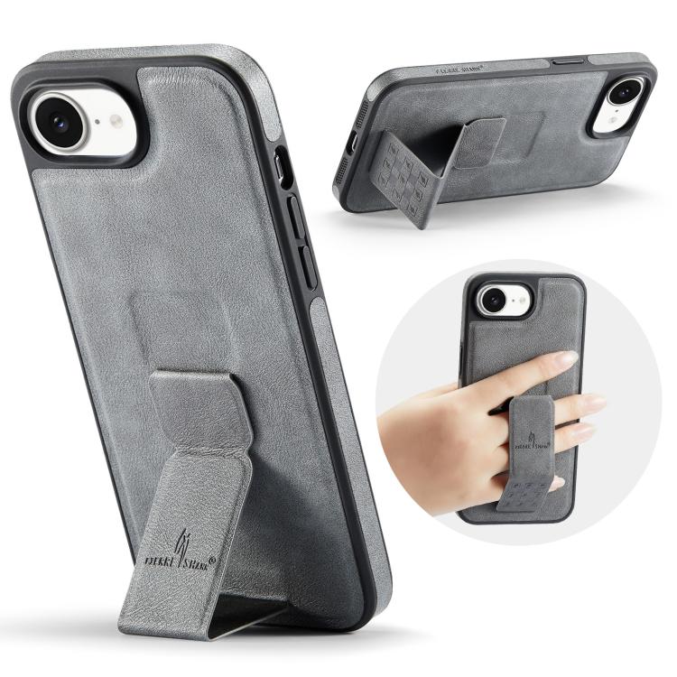 For iPhone 16e Fierre Shann Oil Wax Cow Leather Holder Back Phone Case(Grey)