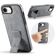 For iPhone 16e Fierre Shann Oil Wax Cow Leather Holder Back Phone Case(Grey)