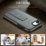 For iPhone 16e Fierre Shann Oil Wax Cow Leather Holder Back Phone Case(Grey)