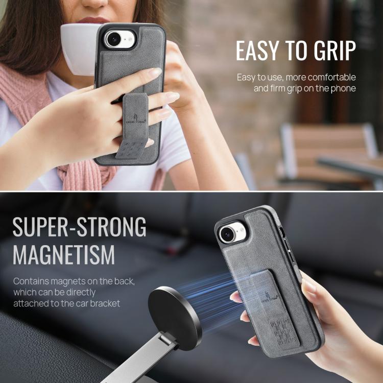 For iPhone 16e Fierre Shann Oil Wax Cow Leather Holder Back Phone Case(Grey)