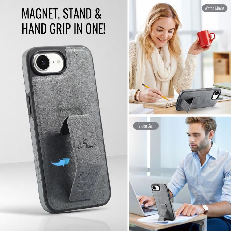 For iPhone 16e Fierre Shann Oil Wax Cow Leather Holder Back Phone Case(Grey)