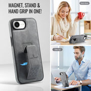For iPhone 16e Fierre Shann Oil Wax Cow Leather Holder Back Phone Case(Grey)