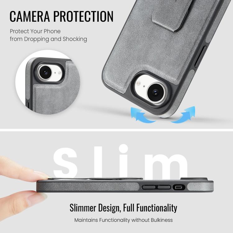 For iPhone 16e Fierre Shann Oil Wax Cow Leather Holder Back Phone Case(Grey)