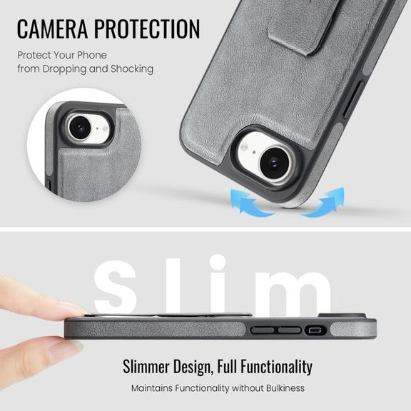 For iPhone 16e Fierre Shann Oil Wax Cow Leather Holder Back Phone Case(Grey)