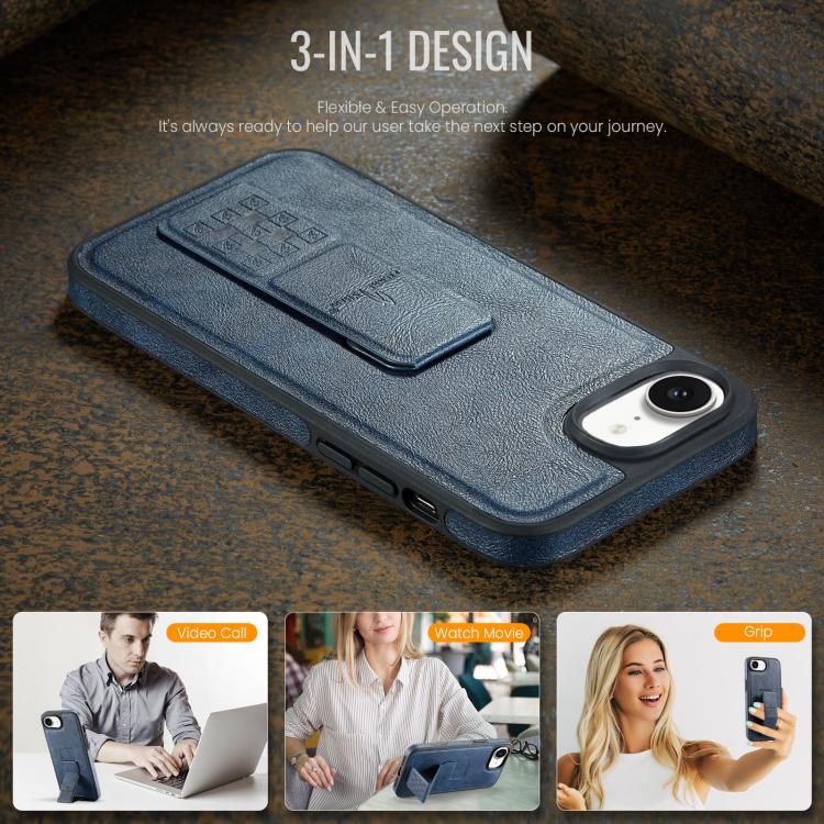 For iPhone 16e Fierre Shann Oil Wax Cow Leather Holder Back Phone Case(Blue)