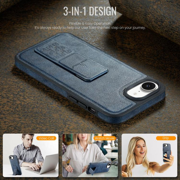 For iPhone 16e Fierre Shann Oil Wax Cow Leather Holder Back Phone Case(Blue)