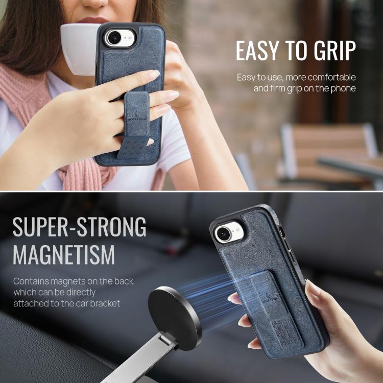 For iPhone 16e Fierre Shann Oil Wax Cow Leather Holder Back Phone Case(Blue)