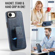 For iPhone 16e Fierre Shann Oil Wax Cow Leather Holder Back Phone Case(Blue)