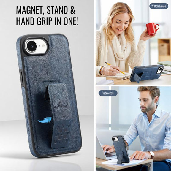 For iPhone 16e Fierre Shann Oil Wax Cow Leather Holder Back Phone Case(Blue)